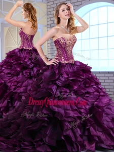 Wonderful Brush Train Dark Purple Traditional Quinceanera Gowns with Ruffles and Appliques
