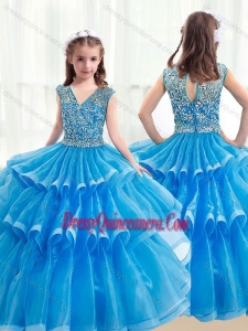Pretty V Neck Baby Blue Little Girl Pageant Dresses with Ruffled Layers
