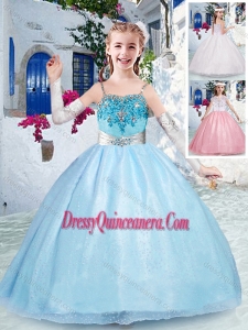 2016 Affordable Spaghetti Straps Light Blue Little Girl Pageant Dress with Beading