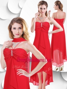2016 Best Spaghetti Straps High Low Red Dama Dress with Beading
