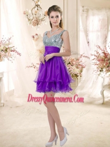2016 Best Straps Short Purple Dama Dresses with Sequins