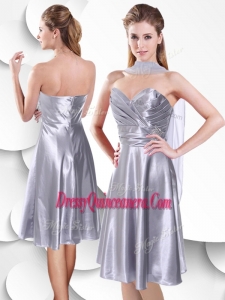Beautiful Empire Elastic Woven Satin Silver Dama Dress with Beading and Ruching