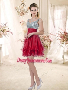 Beautiful Straps Sequins and Ruching Dama Dresses in Wine Red