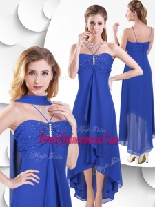 Popular Spaghetti Straps High Low Blue Dama Dress with Beading