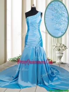 Lovely Zipper Up Mermaid One Shoulder Applique Dama Dress with Brush Train