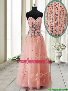 Pretty Visible Boning See Through Applique and Beaded Long Dama Dress in Tulle