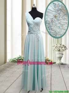 Unique One Shoulder Chiffon Light Blue Dama Dress with Appliques and Beading