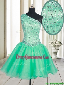 Visible Boning One Shoulder Beaded Bodice Organza Dama Dress in Turquoise
