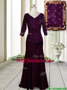 2017 Classical V Neck Beaded and Laced Dark Purple Dama Dress with Half Sleeves