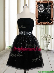 Latest Strapless Beaded Decorated Waist Tulle Short Dama Dress in Black