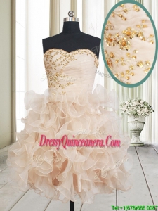 New Arrivals Sweetheart Champagne Short Dama Dress with Beading and Ruffles