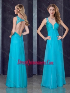 2016 Simple Empire Straps Beaded and Applique Dama Dress in Teal