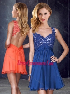2016 Straps Backless Royal Blue Dama Dress with Appliques and Belt