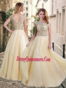 2016 Lovely A Line Beaded Bodice Scoop Dama Dress in Champagne