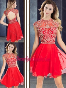 2016 Sexy Scoop Beaded Red Short Dama Dress with Cap Sleeves