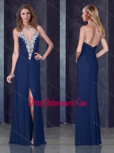 Beautiful Navy Blue Halter Top Dama Dress with High Slit and Appliques