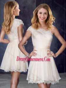 Beautiful One Shoulder Short Champagne Dama Dress with Lace and Belt