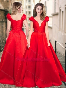 Beautiful Deep V Neckline Cap Sleeves Dama Dress in Red