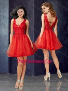 Beautiful Deep V Neckline Tulle Red Dama Dress with Lace