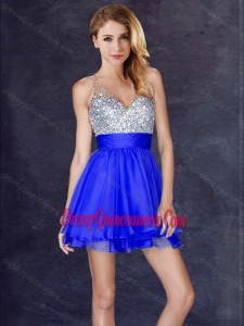 Beautiful Sequined A Line Short Dama Dress in Royal Blue