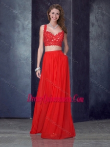 Beautiful Two Piece Column Straps Red Prom Dress with Appliques