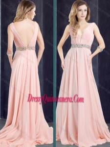 Beautiful Chiffon Belted with Beading Dama Dress with Deep V Neckline