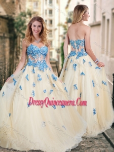 Pretty Visible Boning Tulle Champagne Dama Dress with Blue Appliques