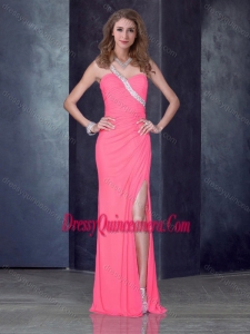 Romantic One Shoulder Pink Dama Dress with High Slit and Beading