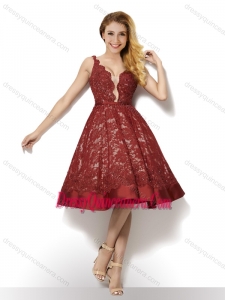 Wonderful Deep V Neckline Backless Laced Dama Dress in Red
