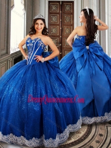 Ball Gown Beaded Royal Blue Sweet 16 Dress with Appliques and Bowknot
