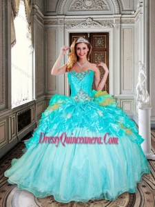 Beautiful Ball Gown Aqua Blue Sweet 16 Dress with Beading and Ruffles