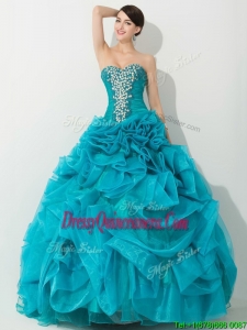 Princess Teal Sweet 16 Dress with Beading and Rolling Flowers