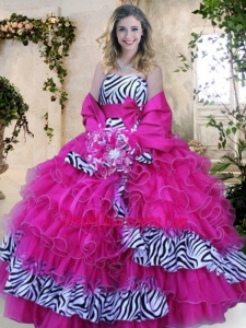 Strapless Zebra and Hot Pink Quinceanera Dresses with Ruffles and Bowknot