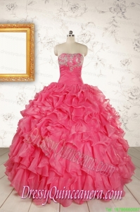 Hot Pink Strapless Beading and Ruffles Ball Gown 2015 Quinceanera Dresses