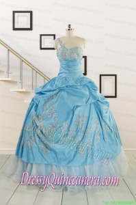 2015 Pretty One Shoulder Appliques Quinceanera Dresses in Aqua Blue