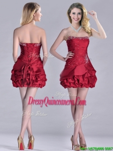 Classical Taffeta Wine Red Short 2016 Dama Dresses with Beading and Bubbles
