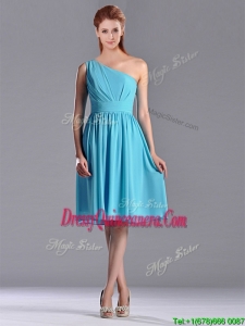 Discount Chiffon Baby Blue Knee Length 2016 Dama Dresses with One Shoulder