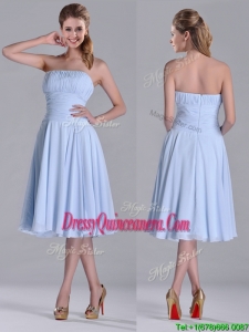 Pretty Strapless Chiffon Ruched Lavender 2016 Dama Dresses in Tea Length