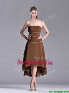 Exclusive Beaded Strapless High Low Brown 2016 Dama Dress in Chiffon