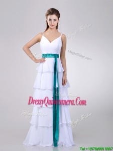 Lovely White 2016 Dama Dress with Ruffled Layers and Turquoise Belt