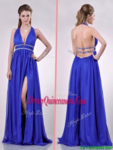 New Halter Top Blue Backless 2016 Dama Dress with Beading and High Slit