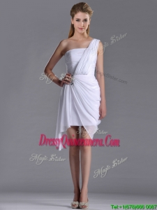Cheap Column One Shoulder White Short 2016 Dama Dress with Zipper Up