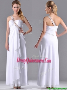 Fashionable Empire One Shoulder Chiffon Side Zipper White 2016 Dama Dress with Beading