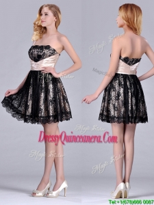 Modern Strapless Black Short 2016 Dama Dress with Lace and Belt