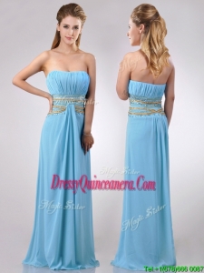 Discount Beaded Decorated Waist and Ruched Bodice Beautiful Dama Dress in Aqua Blue