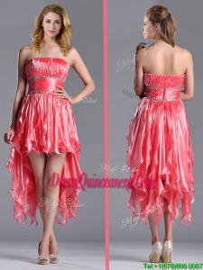 Elegant Strapless High Low Beaded Decorated Waist 2016 Dama Dress in Coral Red