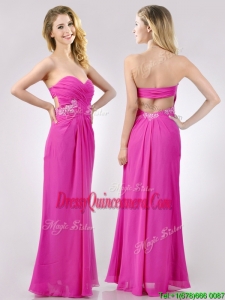 Fashionable Sweetheart Backless Beaded and Ruched Beautiful DamaDress in Hot Pink
