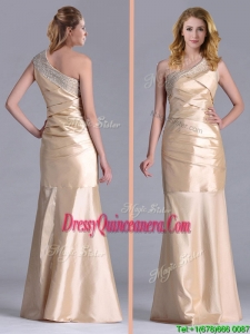 New Column Beaded Decorated One Shoulder2016 Dama Dress in Champagne