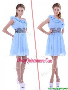 One Shoulder Light Blue Beautiful Dama Dress with Beaded Decorated Waist and Ruffles