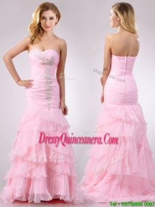 Popular Brush Train Organza Pink Beautiful Dama Dress with Beading and Ruffles